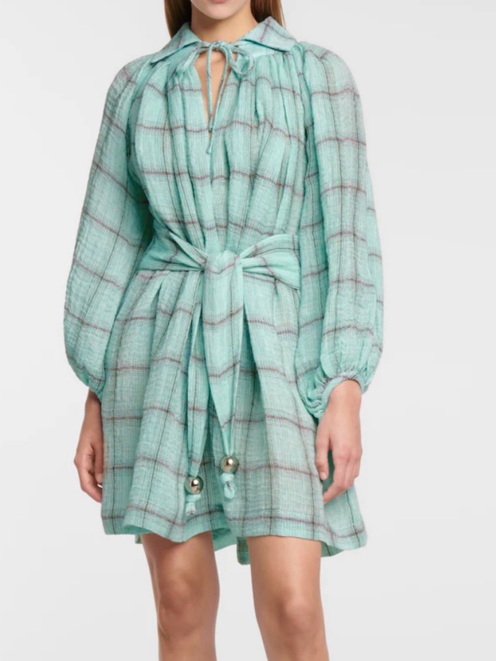 Lisa Marie Fernandez Mint Plaid Tie-Waist Mini Dress
